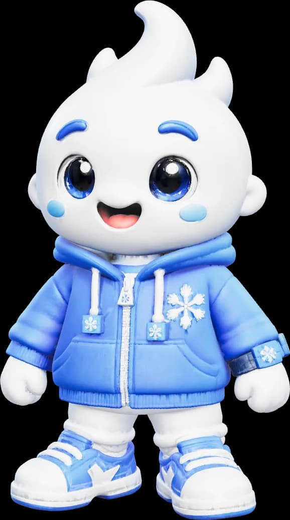 The Snowbie mascot — a friendly snow character in a blue hoodie